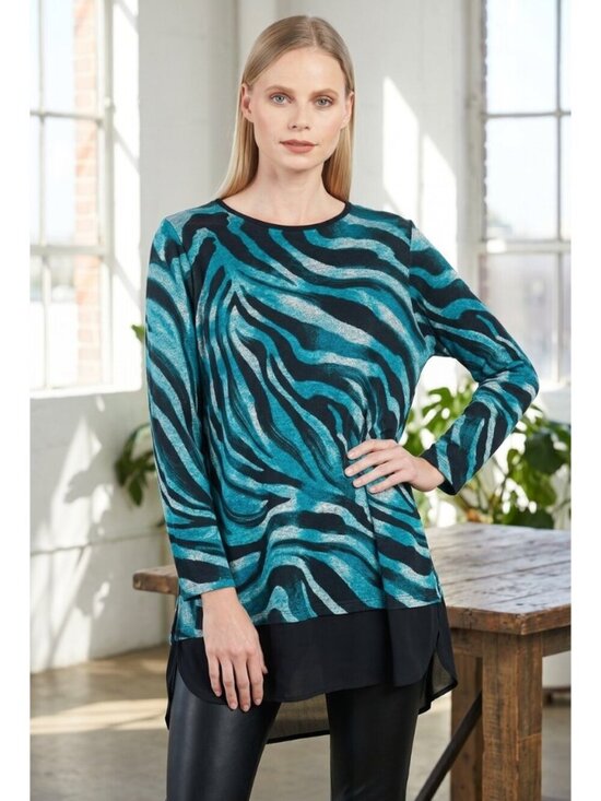 Clara Sun Woo Sweaters - CLARA SUN WOO ANIMAL PRINT TEAL SOFT KNIT TUNIC SWEATER